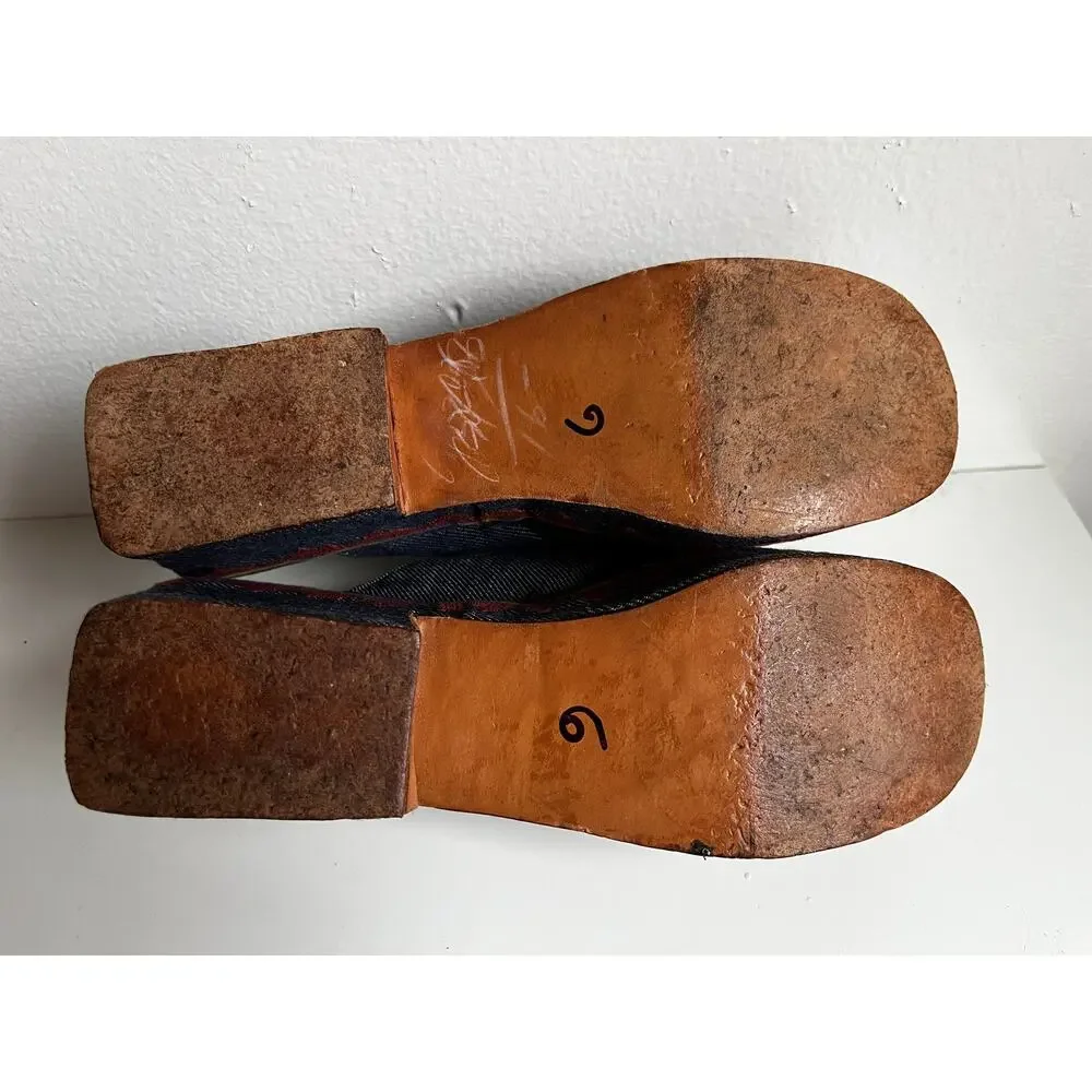 Vintage 60s Platform Mule Heels | Embroidered Denim Peep Toe | Mod Folk | Size 6 - Picture 10 of 10